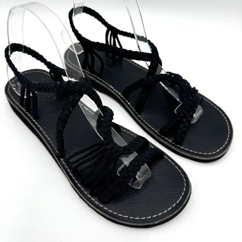 Women Woven Flat Rope Sandals Braided Beach Boho Sandals Slingwind Classic Black - Picture 2 of 10
